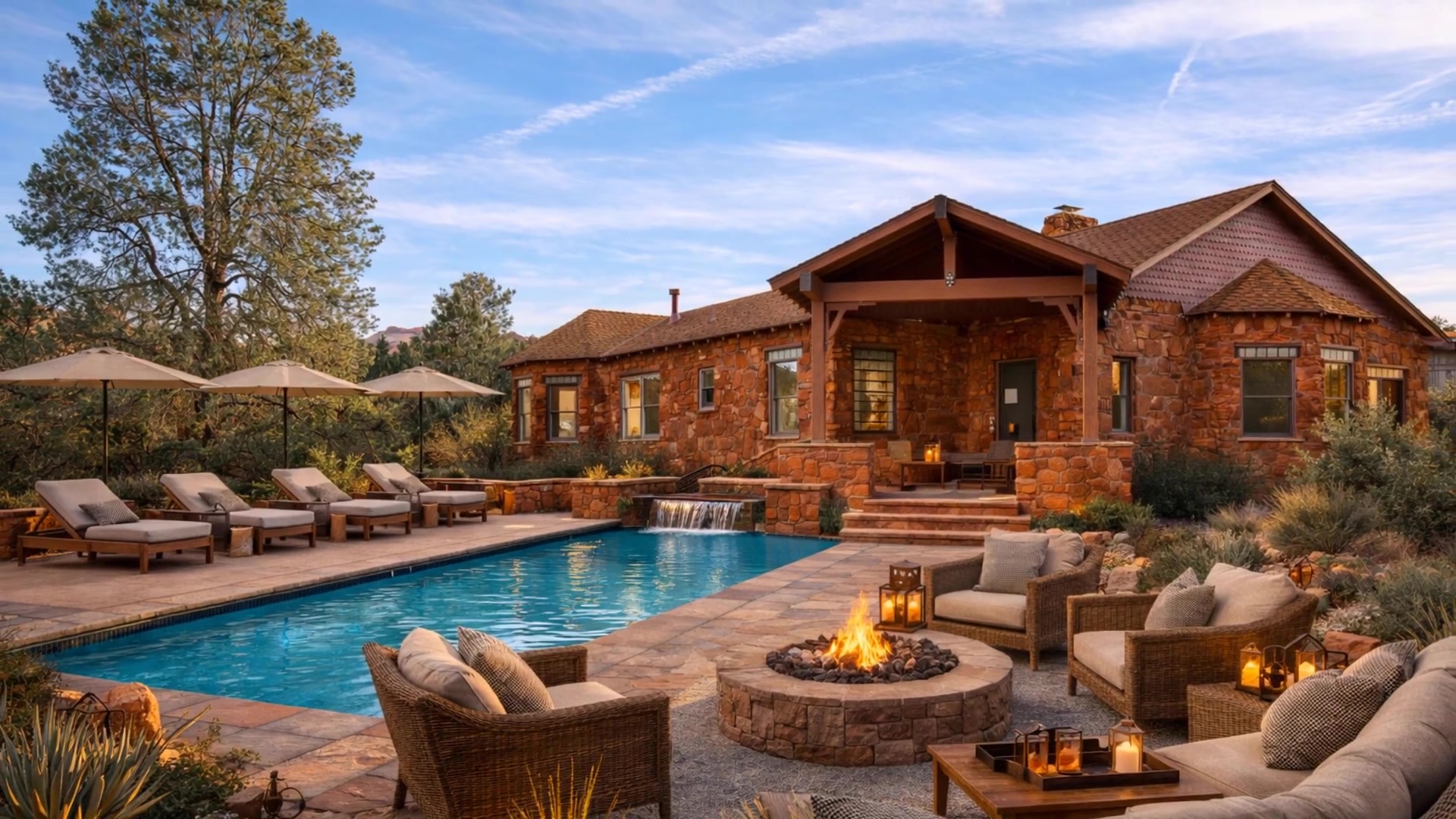 Conceptual render — estate with pool, fire pit, and outdoor living area